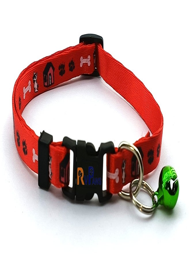 Pups&Pets Puppy and Cat Collar Printed with Bell Basic Dog Cat Collar Buckle Adjustable Nylon Cat & Smal Dog Collar with Bell 10 MM (Red) - Image 1